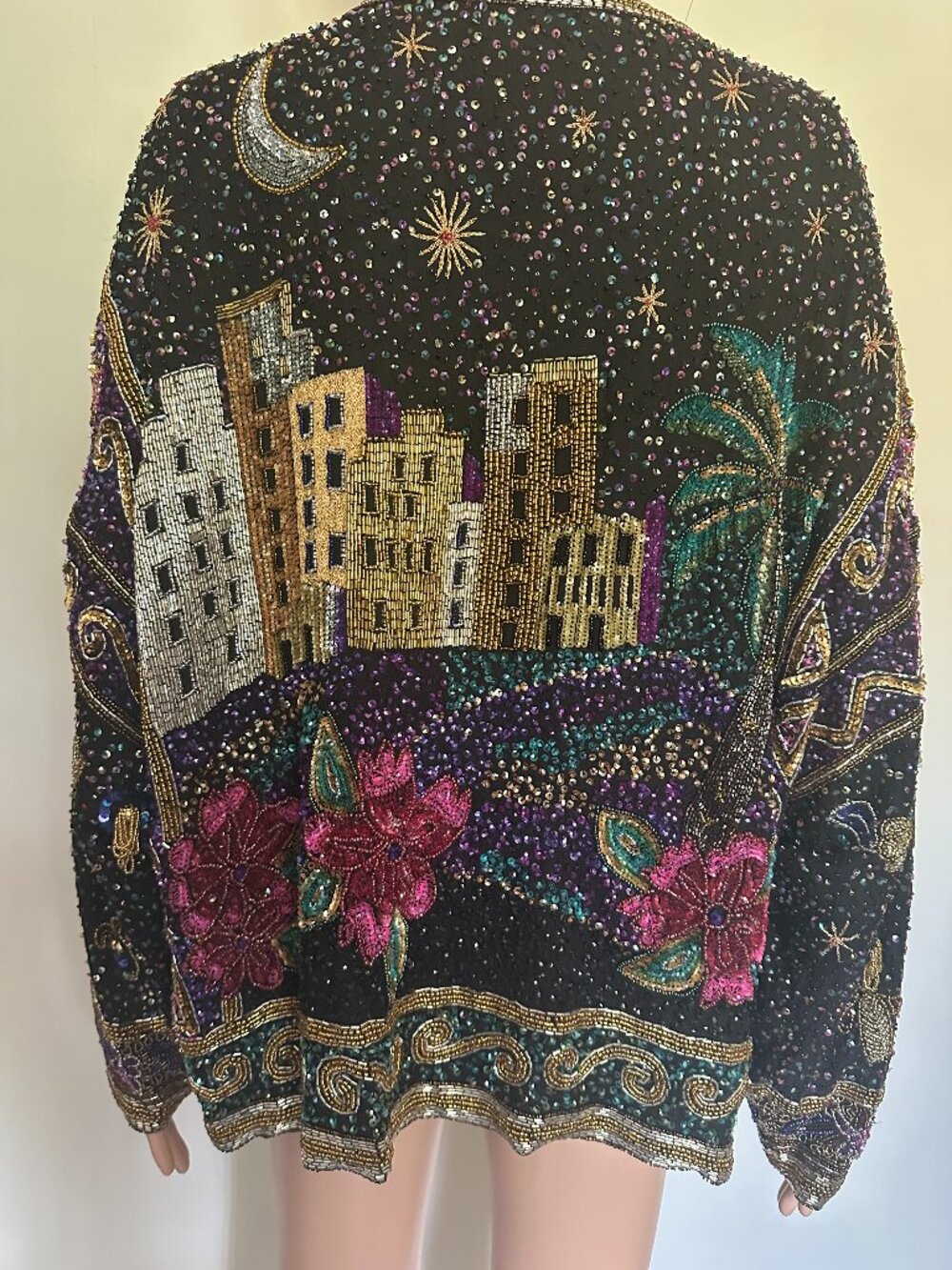 City Night Beaded Sequin Jacket Cardigan Size Large | Black Art Deco Skyline